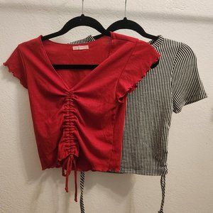 Lot of 2 Bodycon Crop Tops | Red & Black and White Striped | Trendy Drawstring